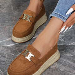Suede round-toe platform loafers in brown, metal buckle detail, espadrille-style platform sole