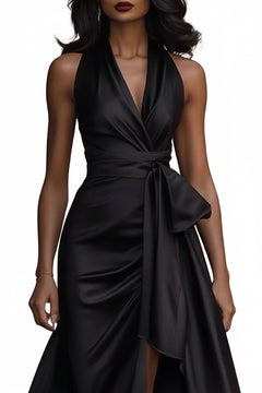 Black satin maxi dress with surplice V-neck and tied waist with ruffled high-low skirt
