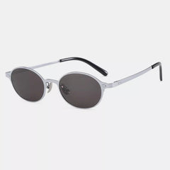 Vintage oval sunglasses, gray frame with black arms and dark gray tinted lenses