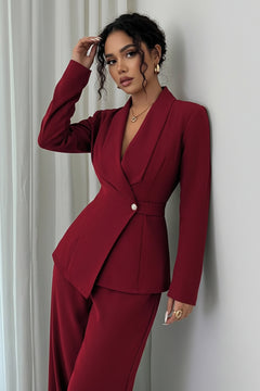 Burgundy one-button blazer and wide-leg pants set with draped blazer hem