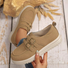 Tan suede buckle-accent casual loafers with double buckle strap and white traction sole