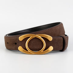 Brown suede belt with gold buckle featuring interlocking ring design
