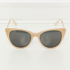 Mocha cat-eye acetate sunglasses, dark lenses, and gold-tone curved temples