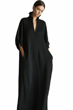 Black maxi dress with V-neck and flowing 3/4 sleeves, relaxed fit