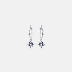 Silver moissanite drop hoop stud earrings with two round bezel-set stones