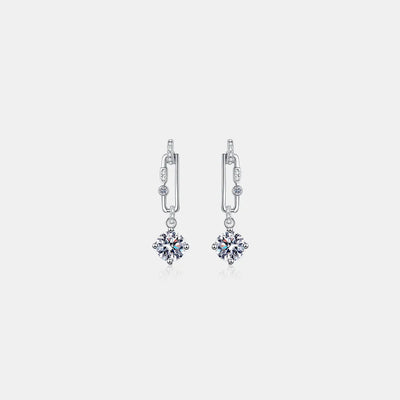 Silver moissanite drop hoop stud earrings with two round bezel-set stones
