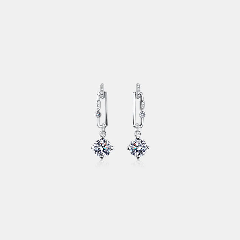 Silver moissanite drop hoop stud earrings with two round bezel-set stones