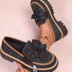 Plaid chunky loafers with front bow and decorative charm, teal plaid upper