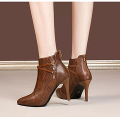 Coffee pointed-toe stiletto ankle boots with textured finish and side chain embellishment