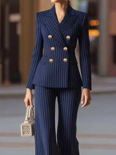 Blue pinstriped double-breasted blazer and wide-leg pants set, V-neck collar