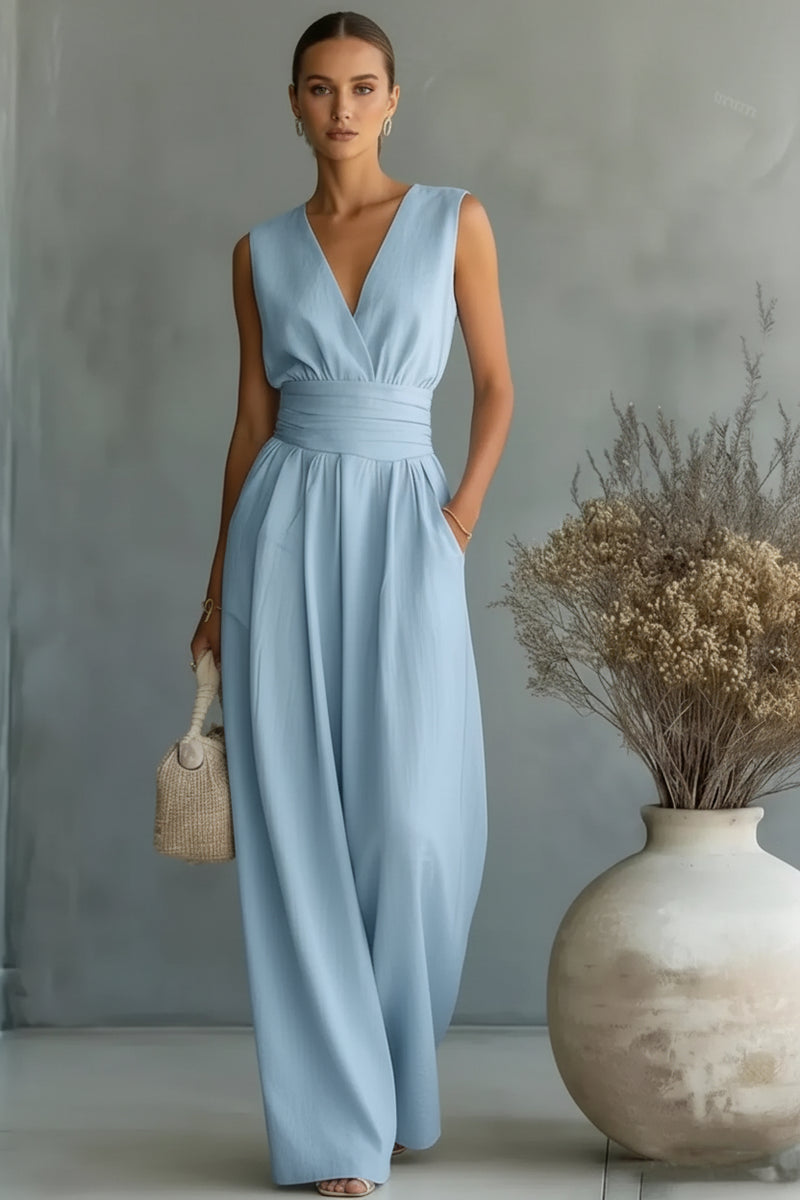Light blue sleeveless wide-leg jumpsuit with V-neck and gathered waist