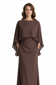 Brown batwing sleeve ruched maxi dress with gathered waist and wide draped sleeves