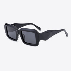 Black rectangular full-rim sunglasses angled view with dark tinted lenses and slim temples