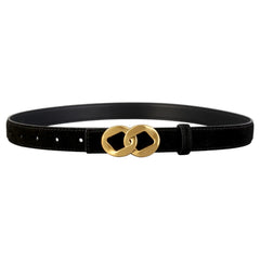 Black adjustable belt with gold double-ring buckle and adjustment holes