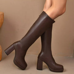 Brown square-toe block heel knee-high boots, front side view