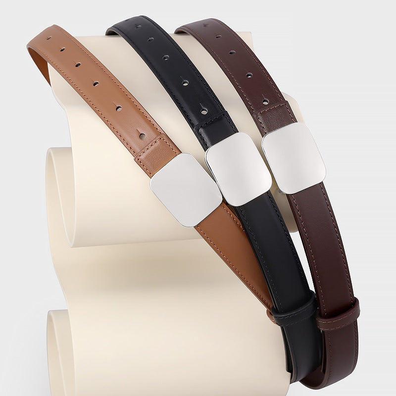Leather belts with square buckle in tan, black, and dark brown