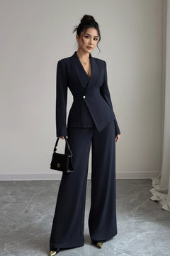 Navy one-button blazer and wide-leg pants set with tailored blazer and lapel