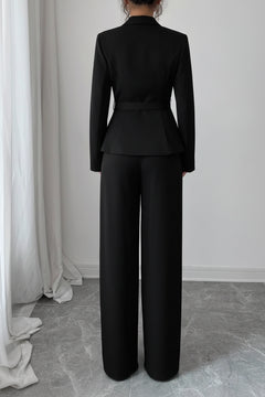 Black one-button blazer and wide-leg pants set, back view with tailored waist