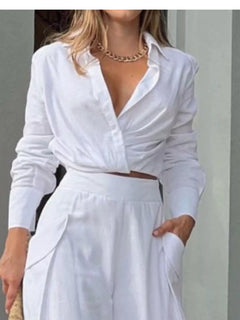 Long sleeve shirt and wide leg pants set in white, button-front V-neck shirt with waist tie