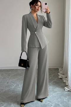 Light gray one-button blazer and wide-leg pants set, full-body side view