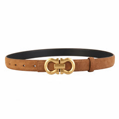 Tan leather-look belt with gold-tone oval buckle and center bar