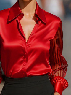 Red satin collared shirt with button front and sheer striped sleeves