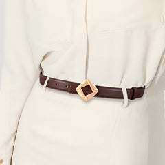 Geometric buckle belt, brown strap with gold-tone square diamond buckle