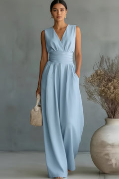 Light blue sleeveless wide-leg jumpsuit with V-neck and elastic waist