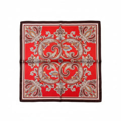 Deep red silk scarf with symmetrical white paisley floral motifs and dark border