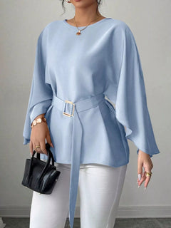 Light blue batwing sleeve belted blouse with square buckle waist, draped flare hem