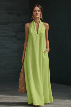 Lime green halter neck sleeveless maxi dress with V-neck and relaxed fit