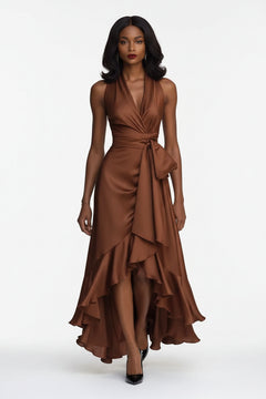 Sleeveless satin high-low dress in chocolate brown, V-neck wrap, tied waist, layered hem