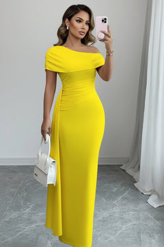 Yellow one-shoulder ruched maxi dress with folded neckline and fitted waist seams.
