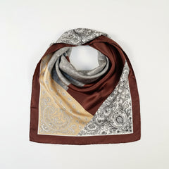 Printed silk square scarf in brown with gray and beige paisley band
