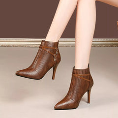 Coffee pointed-toe stiletto ankle boots with textured finish, high heel, side chain trim