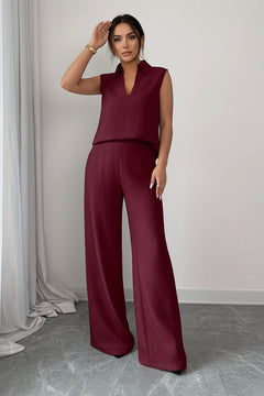 Burgundy sleeveless top and wide-leg pants set with V-neck, relaxed wide leg fit