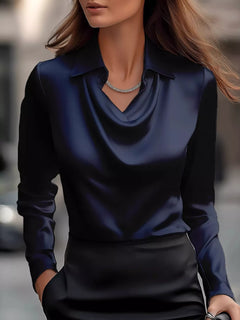 Dark blue satin cowl-neck long-sleeve blouse with pointed collar and V drape