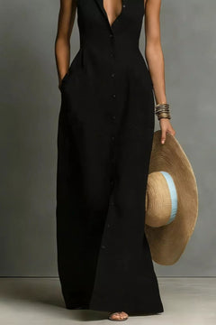 Black sleeveless button-down maxi dress with front button row and long length