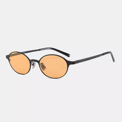 Vintage oval sunglasses, black frame with amber tinted lenses and round oval shape