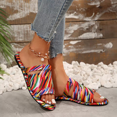 Multicolor striped open toe flat sandals with ankle cuff and thin sole