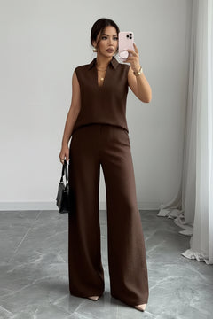 Chocolate sleeveless top and wide-leg pants set, V-neck with matching wide trousers