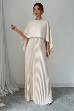 Cream pleated maxi dress with cape sleeves and pleated long skirt, front view