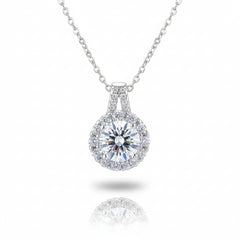 Sterling silver moissanite pendant necklace with round center stone and pavé halo