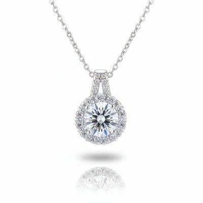 Sterling silver moissanite pendant necklace with round center stone and pavé halo