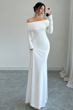 White off-shoulder long sleeve maxi dress, fitted silhouette with soft off-shoulder neckline.