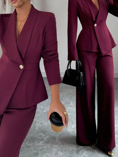 Maroon one-button blazer and pants set with notched lapel and gold buttons