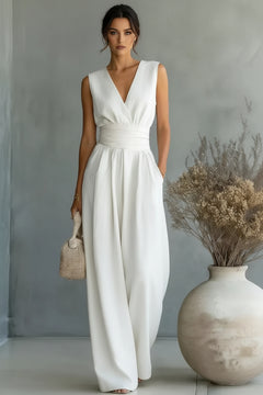 White sleeveless wide-leg jumpsuit with V-neck and gathered waist