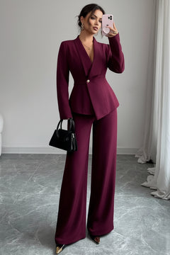 Burgundy blazer and flared trousers set with V-neck and single front button