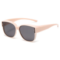 Blush pink sunglasses with dark lenses and square frames