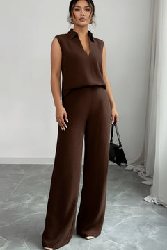 Chocolate sleeveless top and wide-leg pants set with V-neck and flowing wide legs